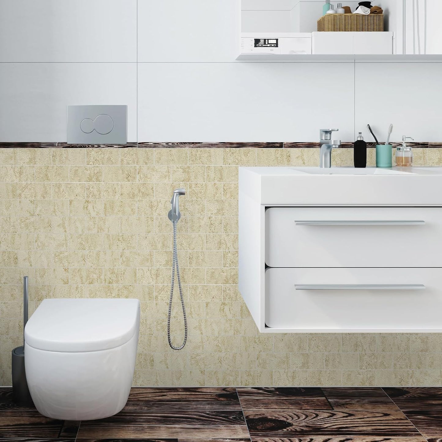 Vamos Tile 100-Piece Glossy Dolomite White Peel and Stick Backsplash Tile,3''x6'' PVC Subway Tile with White Grout, Stick on Backsplash for Kitchen/Bathroom/Fireplace