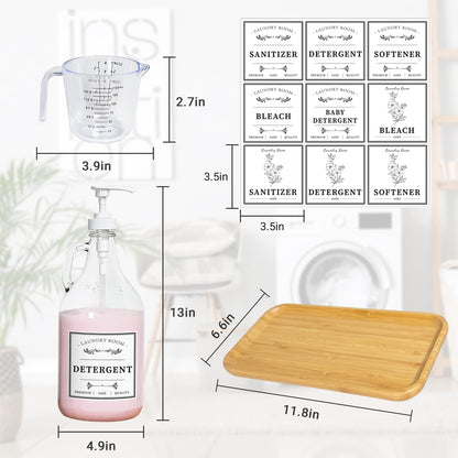 Glass Laundry Detergent Dispenser, Liquid Laundry Soap Dispenser for Laundry Room, 64oz Detergent Bleach Softener Dispenser for Farmhouse Decor, Includes Pumps, Funnel, Labels and Bamboo Tray