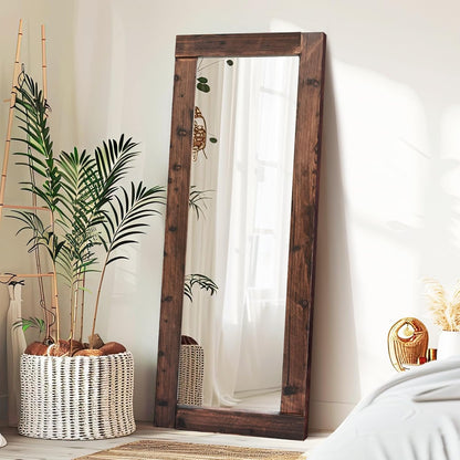 Solid Wood Full Length Mirror - 65"x22" Arched Floor Mirror, Free Standing & Wall Mounted - Elegant Design for Bedroom, Dressing Room, Hallway, Brown