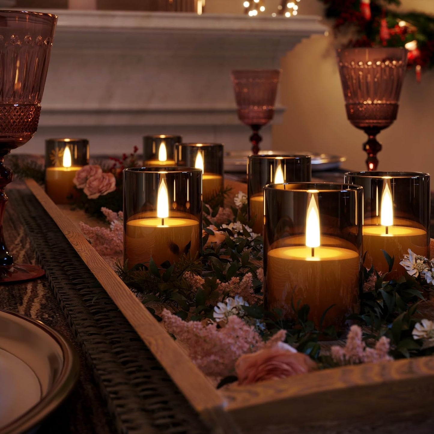 VIODAIM 12Pack Flickering Flameless LED Candles with Remote & Timer, Battery Powered - Small Pillar & Votive, Clear (2"X3")
