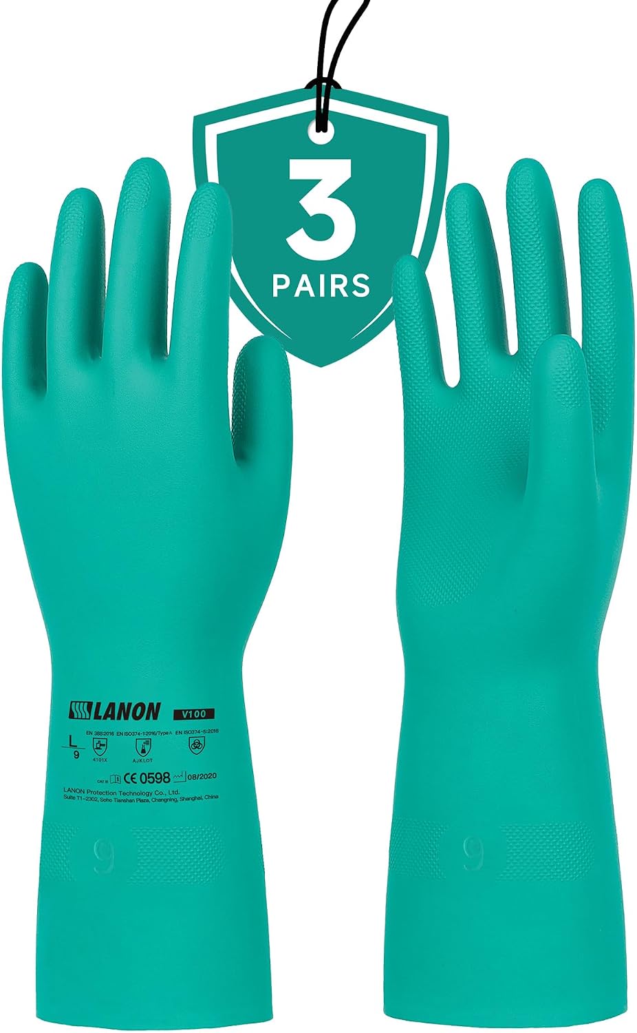 LANON 3 Pairs Nitrile Chemical Resistant Gloves, Reusable Heavy-Duty Rubber Gloves, Acid, Alkali & Oil Protection, Non-Slip, XXL