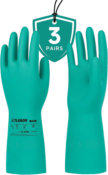 LANON 3 Pairs Nitrile Chemical Resistant Gloves, Reusable Heavy-Duty Rubber Gloves, Acid, Alkali & Oil Protection, Non-Slip, XXL