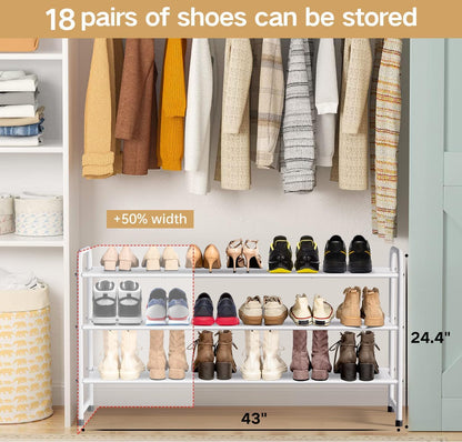 KEETDY 3-Tier Long Shoe Rack for Closet Metal Shoe Organizer for Entryway, Wide Stackable Shoe Storage Shelf with Sturdy Wire Grid for Closet Floor, Bedroom, Black