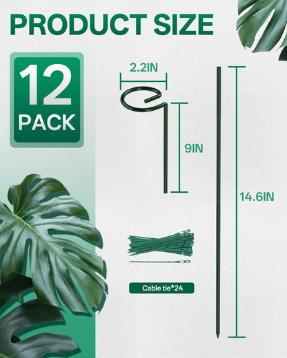 12 Pack 16 In Metal Plant Stakes, Plant Support Stakes with 15 Twist Ties | Plant Supports, Flower Stakes for Indoor Outdoor Plants, Peony, Tomato Seedling, Marigold, Amaryllis, Sapling, Coreopsis