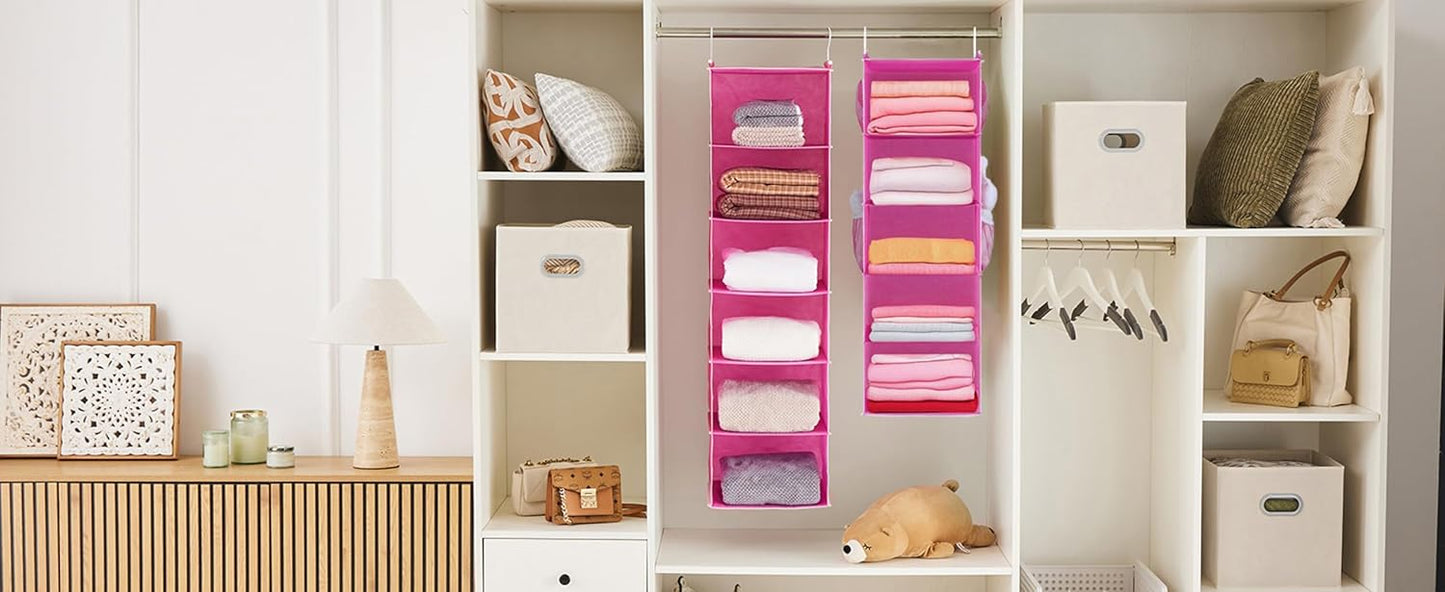 MAX Houser 4-Shelf Hanging Closet Organizer, Space Saver, Cloth Hanging Shelves with 2 Side Pockets, Foldable (Beige)