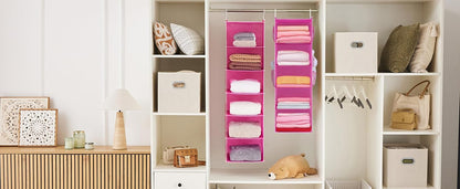 MAX Houser 4-Shelf Hanging Closet Organizer, Space Saver, Cloth Hanging Shelves with 2 Side Pockets, Foldable (Beige)