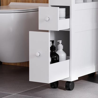 HOMCOM 6.25" x 20.5" x 28.25" Wood Rolling Narrow Bathroom Side Storage Cabinet - Gray
