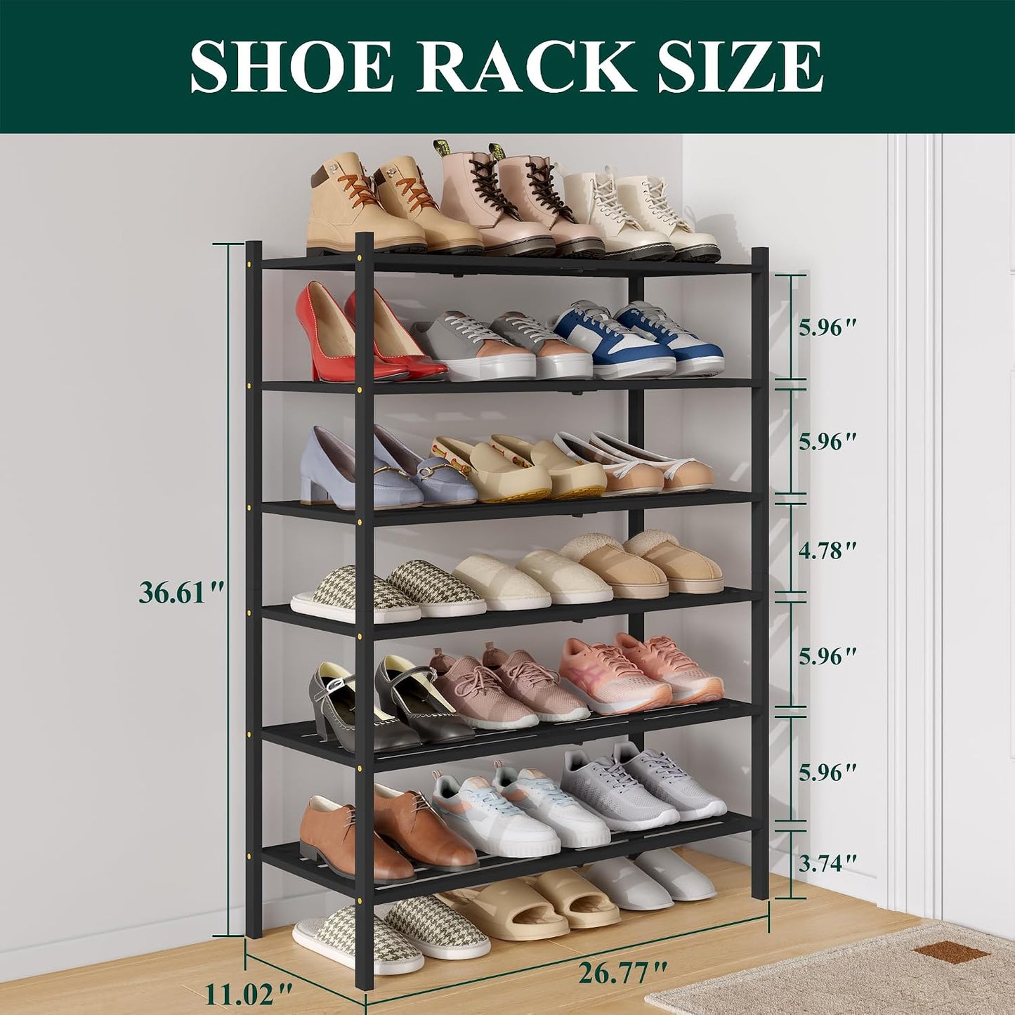 Smiry Bamboo Shoe Rack, 3 Tier Free Standing Wooden Shoe Organizer, Stackable Wood Shoe Storage Shelf for Closet, Entryway, 5 Horizontal Slats, 26.8"x11"x18.3", Natural