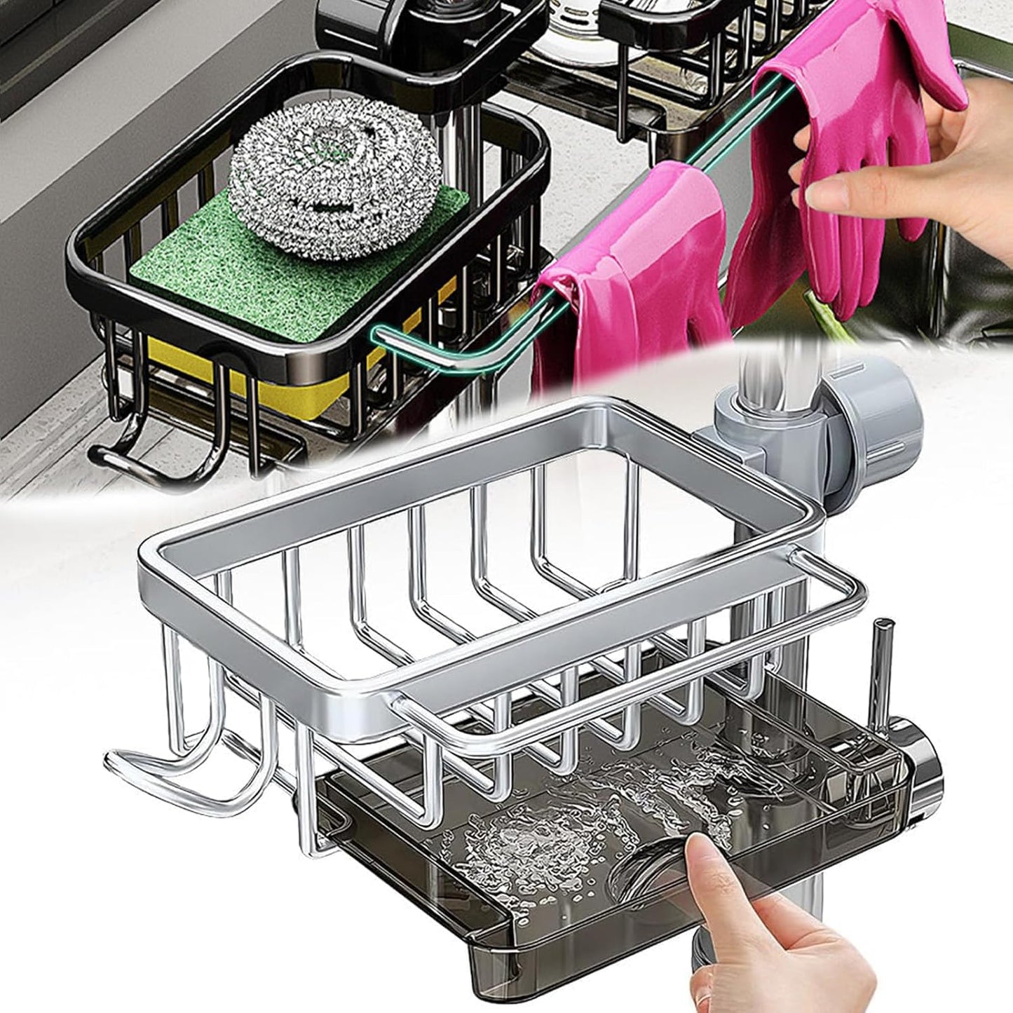 Kitchen Sink Faucet Organizer Multifunction Sponge Holder Organizer Sink Drain Holder Over Faucet Kitchen Sink Caddy with Hook Adjustable for 0.7-1.1inch Round Water Pipe (Black, B)