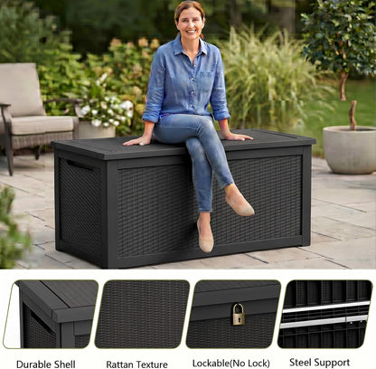Waterproof Outdoor Storage Box Outside Deck Box Lockable Resin Bench UV Resistant Furniture Cushion Pool Tool Float Bin Patio Garden Porch (Black, 120 Gallon)