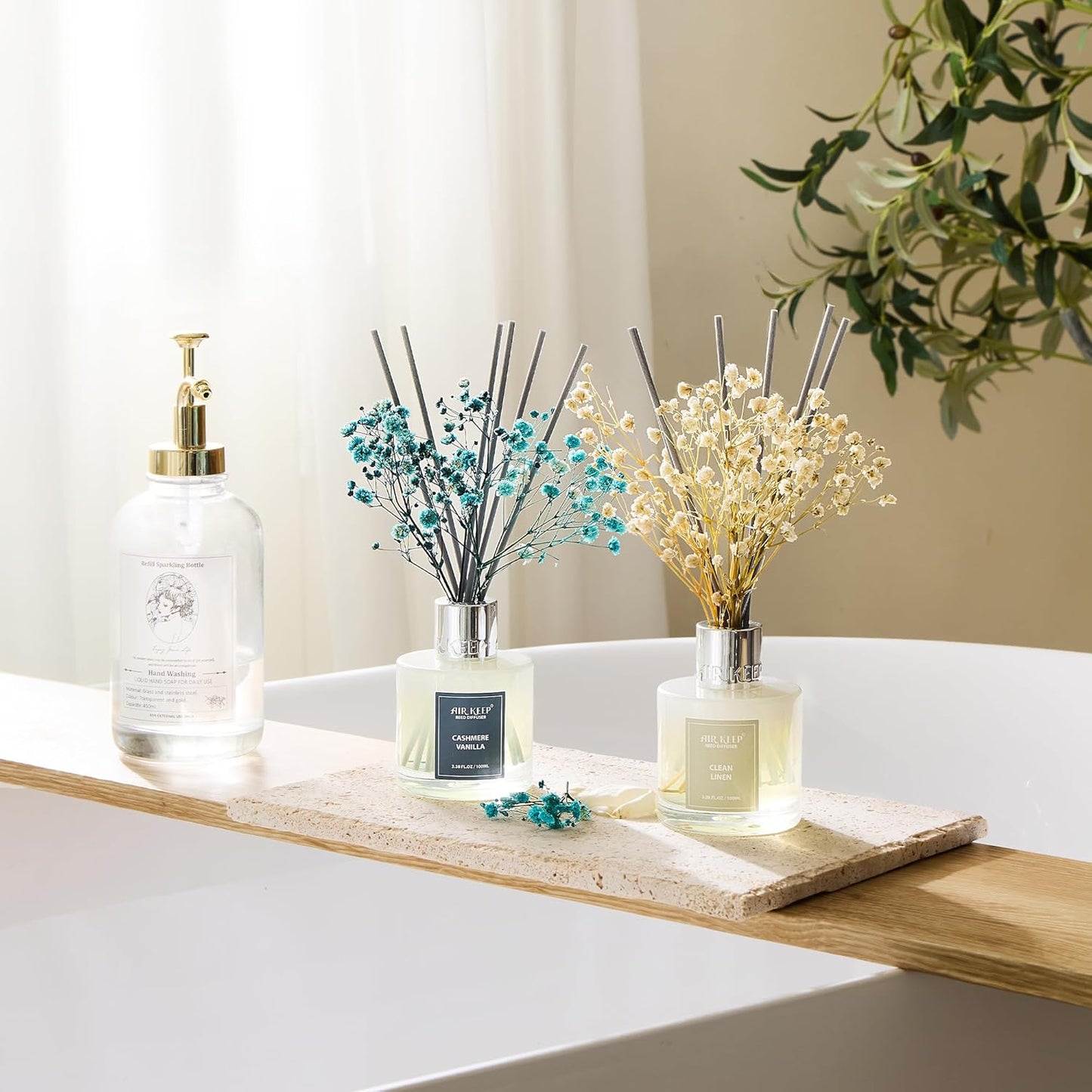 Airkeep Reed Diffuser Set,3.38 fl oz (100 ml) - Clean Linen Oil Diffusers with 8 Reed Sticks,Home Fragrance Reed Diffuser for Bathroom Shelf Decor