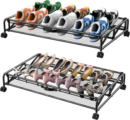 Under Bed Shoe Storage Organizer, Rolling Under Bed Storage Containers with Wheels, Under Bed Shoe Organizer Drawer Space Saving for bedroom