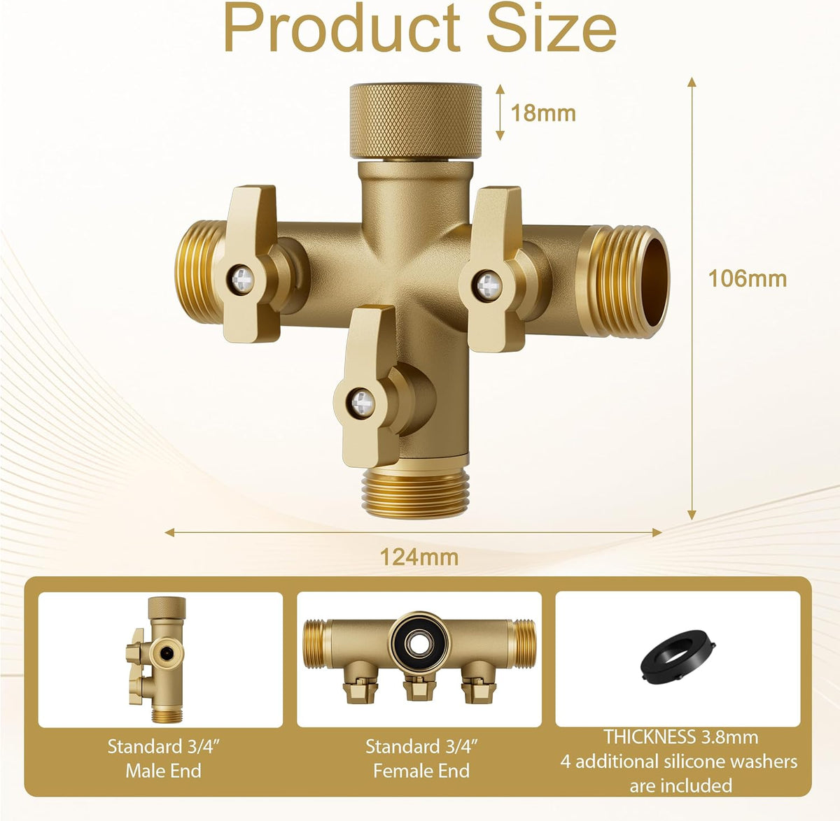 Hose Splitter Solid Brass 3 Way + Type Outdoor Faucet and Water Spigot Connector with Shut-Off Valves, 4 Extra Silicone Washers Included
