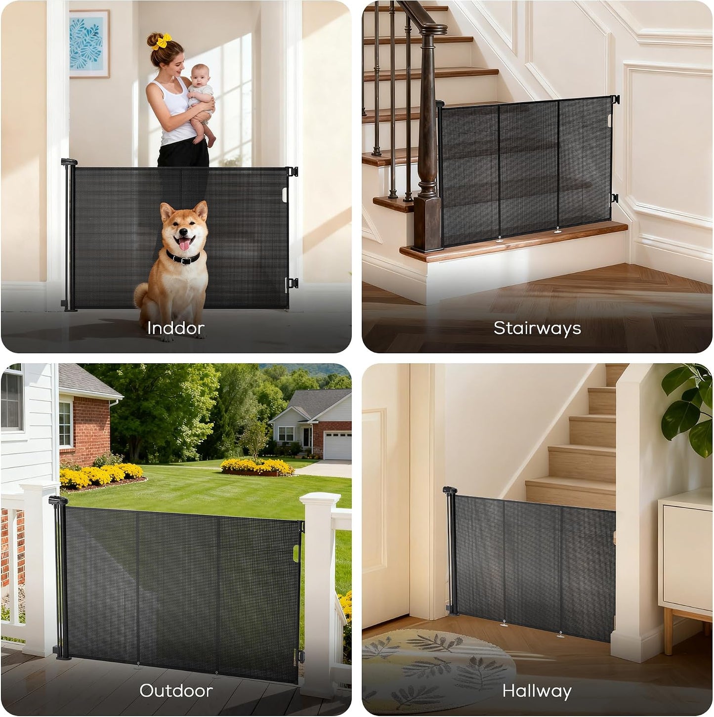 Retractable Baby Gate for Stairs, 42" Tall X 200" Wide Mesh Dog Gate Indoor, Child Gate for Doorways, Hallways, Deck, Indoor Outdoor Pet Baby Safety Essentials for Home, Black