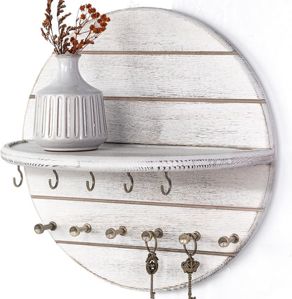 Rebee Vision Pine Wood Key Holder Wall Mount – Rustic Wooden Key Hooks for Wall with Shelf – Decorative Mail Organizer, Coat Rack & Dog Leash Holder for Home Decor, Entryway and Living Room (Brown)