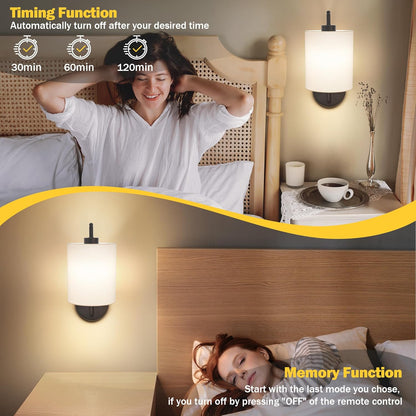MATAMEYE Battery Operated Wall Sconce Set of 2, Black Rechargeable Wireless Wall Light Fixture with Remote, 12 RGB Colors & Timer, Indoor Dimmable Wall Lamp with Linen Shade
