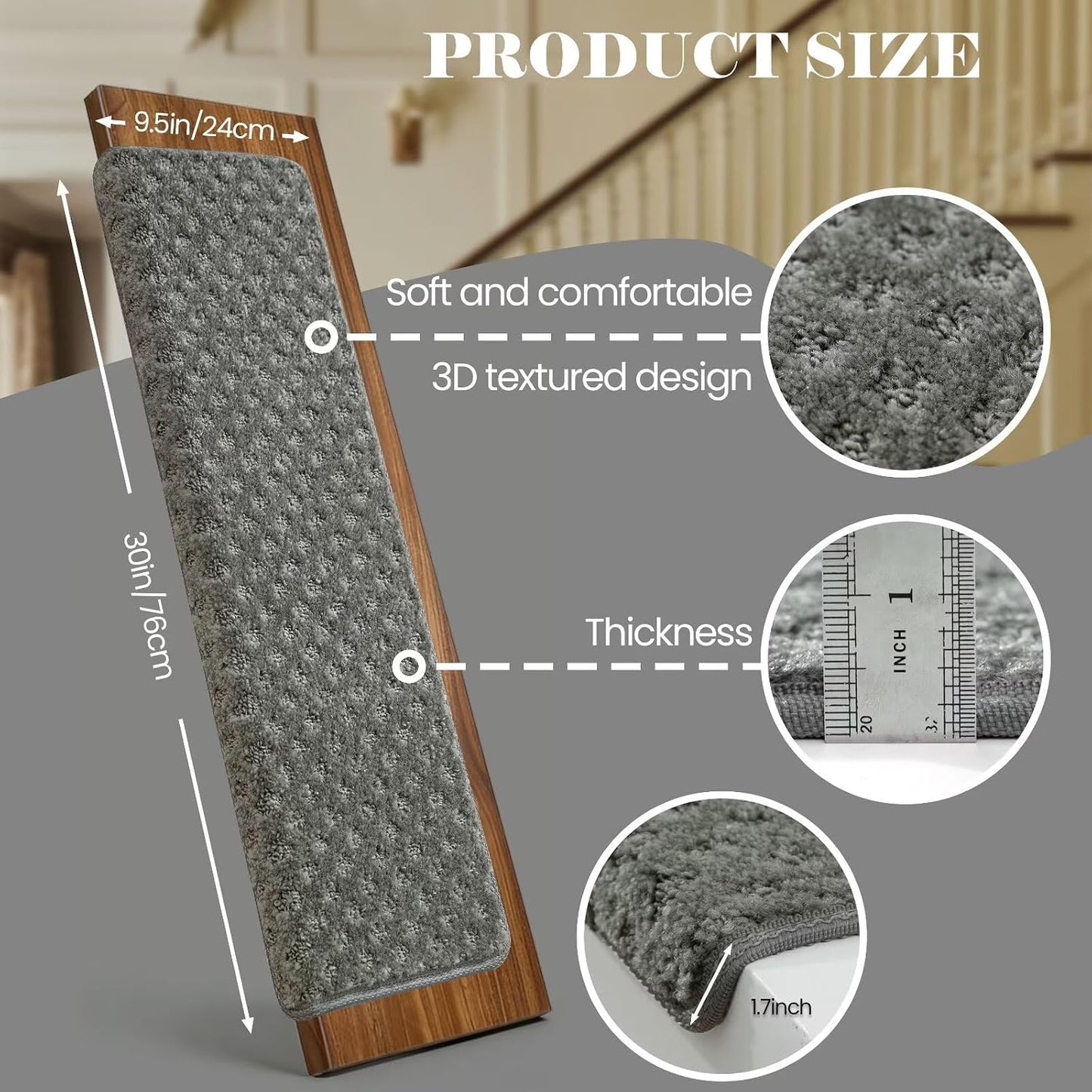 DEXDE Bullnose Stair Treads for Wooden Steps Non-Slip Stair Runner, 14 Pcs | Reusable bullnose carpet Stair Treads Indoor, Peel and Stick Stair Rugs with Edge Protection, Soft Washable, 30"x9.5" Grey
