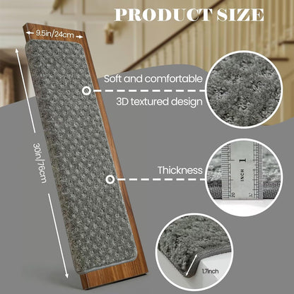 DEXDE Bullnose Stair Treads for Wooden Steps Non-Slip Stair Runner, 14 Pcs | Reusable bullnose carpet Stair Treads Indoor, Peel and Stick Stair Rugs with Edge Protection, Soft Washable, 30"x9.5" Grey