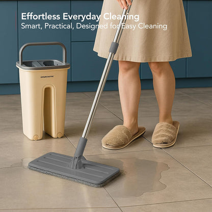 OVENTE Mop and Bucket with Wringer Set, Hands-Free Self-Cleaning Flat Floor Mop with Washable Microfiber Pad, Home Cleaner for Smooth Wall, Hardwood, Tile, Laminate and Glass Windows, Beige MBP32BGG