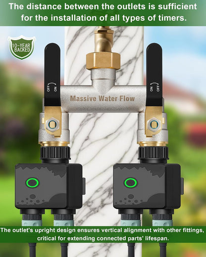 Hose Splitter 2 Way Heavy Duty, Garden Hose Splitter with 304 Stainless Steel Long Handle, Full Flow Brass Nickel Plated Water Hose T Spigot Splitter Adapter Connector, 3/4 - Inch GHT Thread (Blue)