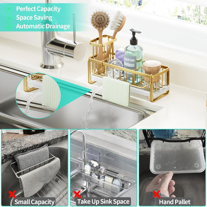 HapiRm Sponge Holder for Kitchen Sink - Self-draining Sink Caddy with Brush and Dishcloth Holders, Stainless Steel Kitchen Countertop Organizers and Storage Essentials - Black