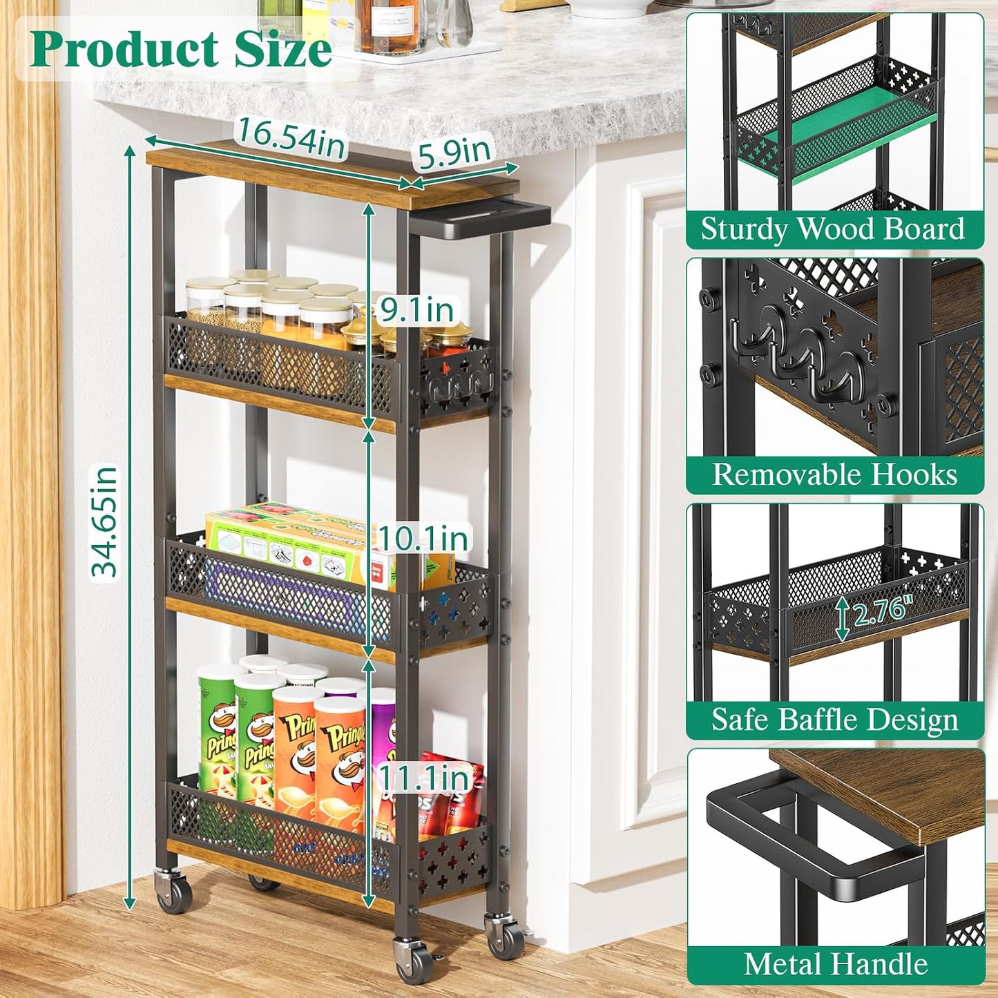 Giwil 4-Tier Slim Rolling Storage Cart for Kitchen Bathroom Organizer, Mobile Narrow Storage Cabinet Utility Cart with Wood Rack on Wheels for Pantry Laundry Small Space