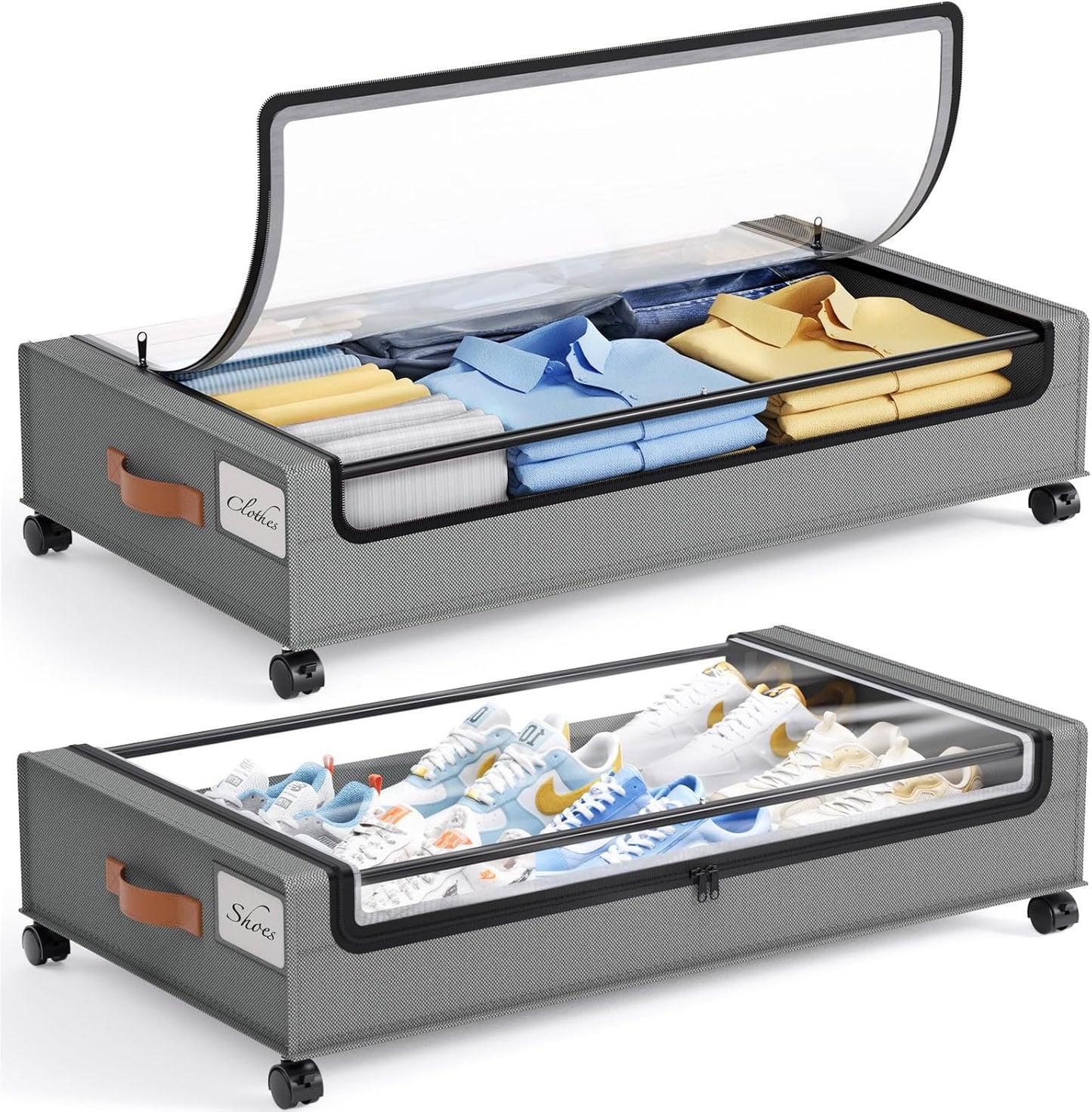 Yecaye Under Bed Storage with Wheels, 2 Pack Under Bed Storage Containers, 60L Underbed Shoe Storage with Clear Window & Label, Rolling Under Bed Metal Drawer for Clothes, Shoes, Books, Blankets