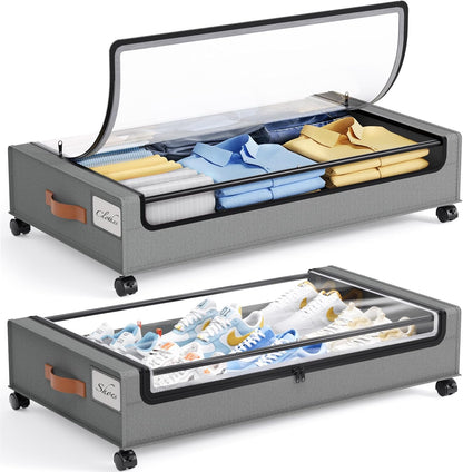 Yecaye Under Bed Storage with Wheels, 2 Pack Under Bed Storage Containers, 60L Underbed Shoe Storage with Clear Window & Label, Rolling Under Bed Metal Drawer for Clothes, Shoes, Books, Blankets