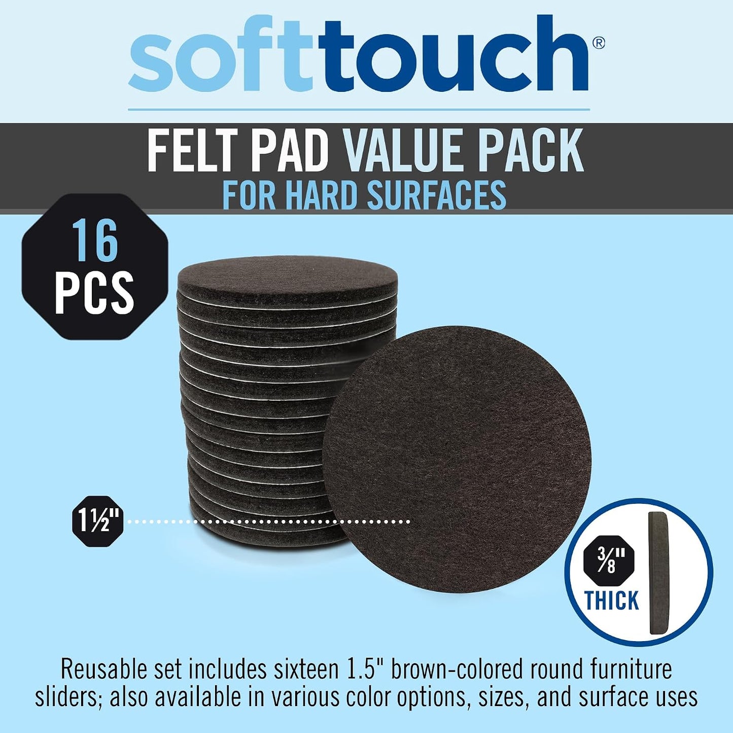 SoftTouch 1.5" Round Reusable Felt Furniture Sliders for Hard Surfaces, Noise-Reducing Adhesive Moving and Protective Pads for Cabinets, Chairs, Tables & Decorative Items Set of 48, Brown