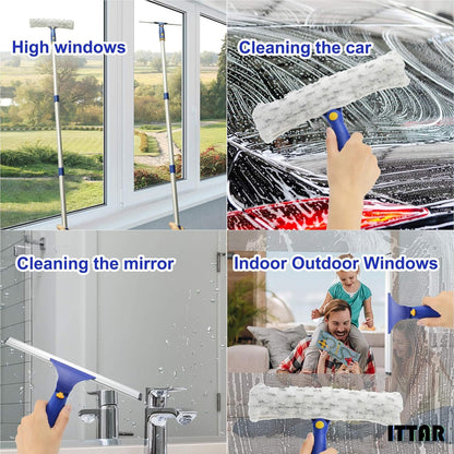 ITTAR Window Squeegee with 86 Inch Extension Pole, Rotatable Window Cleaning Kit with Long Handle, Rubber Blade & Microfiber/Chenille Pads Glass Cleaner Tool for Outdoor Windows, Glass, Car