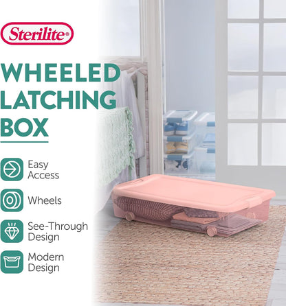 Sterilite 4-Pack 56 Quart Wheeled Latching Box, Underbed Plastic Storage Organizer, Silver - Under Bed Rolling Container Bin with Lid and Wheels for Home or Dorm Bedrooms and Closets