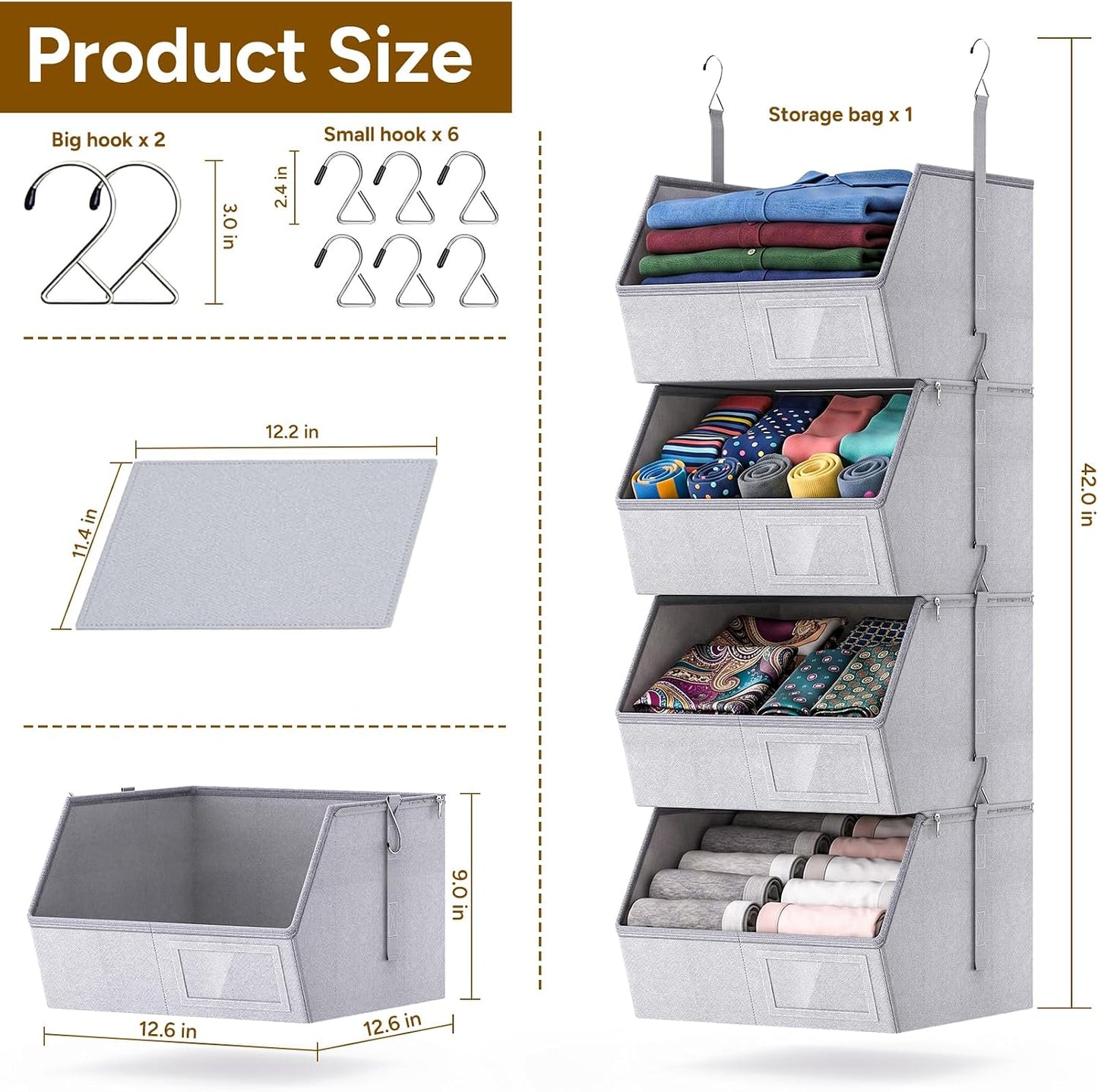 2 Pack 4-Tier Hanging Closet Organizer, Detachable Hanging Storage Shelves with Reinforced Side Panels, Hanging Closet Organizer for Clothes, Sweaters, Towels, Socks & Accessories, Purple