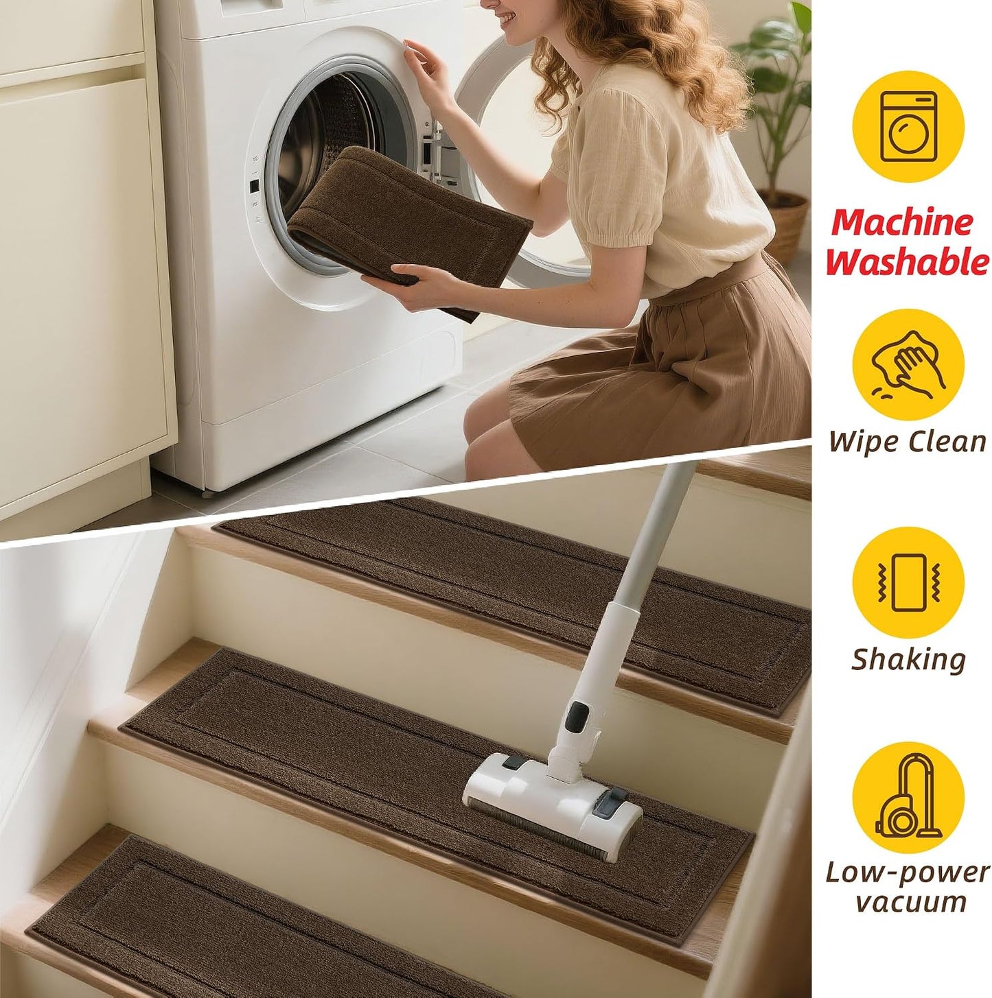 JSEI Stair Treads for Wooden Steps Indoor, 15-Pack Non Slip Stair Treads 30" x 8", Washable Polyester Stair Mats with TPE Backing, Low Profile Stair Rugs for Kids, Seniors and Dogs, Brown