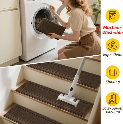 JSEI Stair Treads for Wooden Steps Indoor, 15-Pack Non Slip Stair Treads 30" x 8", Washable Polyester Stair Mats with TPE Backing, Low Profile Stair Rugs for Kids, Seniors and Dogs, Brown