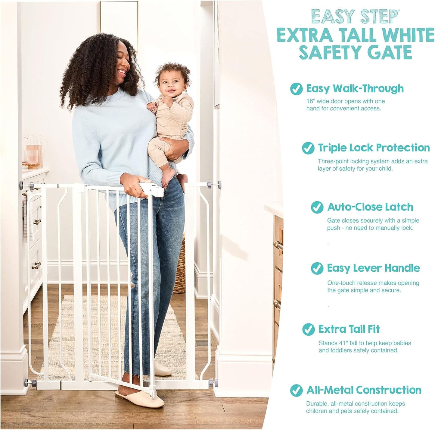 Regalo Safety 29-38.5" Baby Gate for Doorways & Bottom of Stairs, Pressure Mounted Baby Gate with Door for Babies, Toddlers & Pets, Tested & Safe for 30 Years, American Designed, American Owned, White