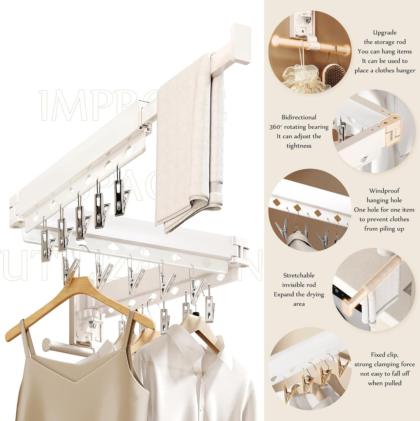 Wall Mounted Tri-Fold Clothes Drying Rack, Heavy Duty Collapsible Laundry Drying Rack, Space-Saving Retractable Foldable Drying Rack Clothes for Laundry Room Balcony Bathroom,Black-Hooks