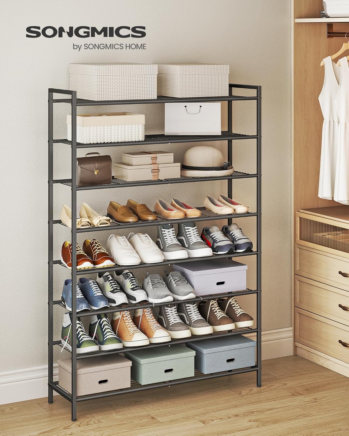 SONGMICS Metal Shoe Rack, Free Standing Shoe Organizer for Entryway Closet Garage Small Spaces, Heavy-Duty Slim Steel Storage Shelf, 8-Tier, Fits 16-24 Pairs, Bronze ULMR028A01