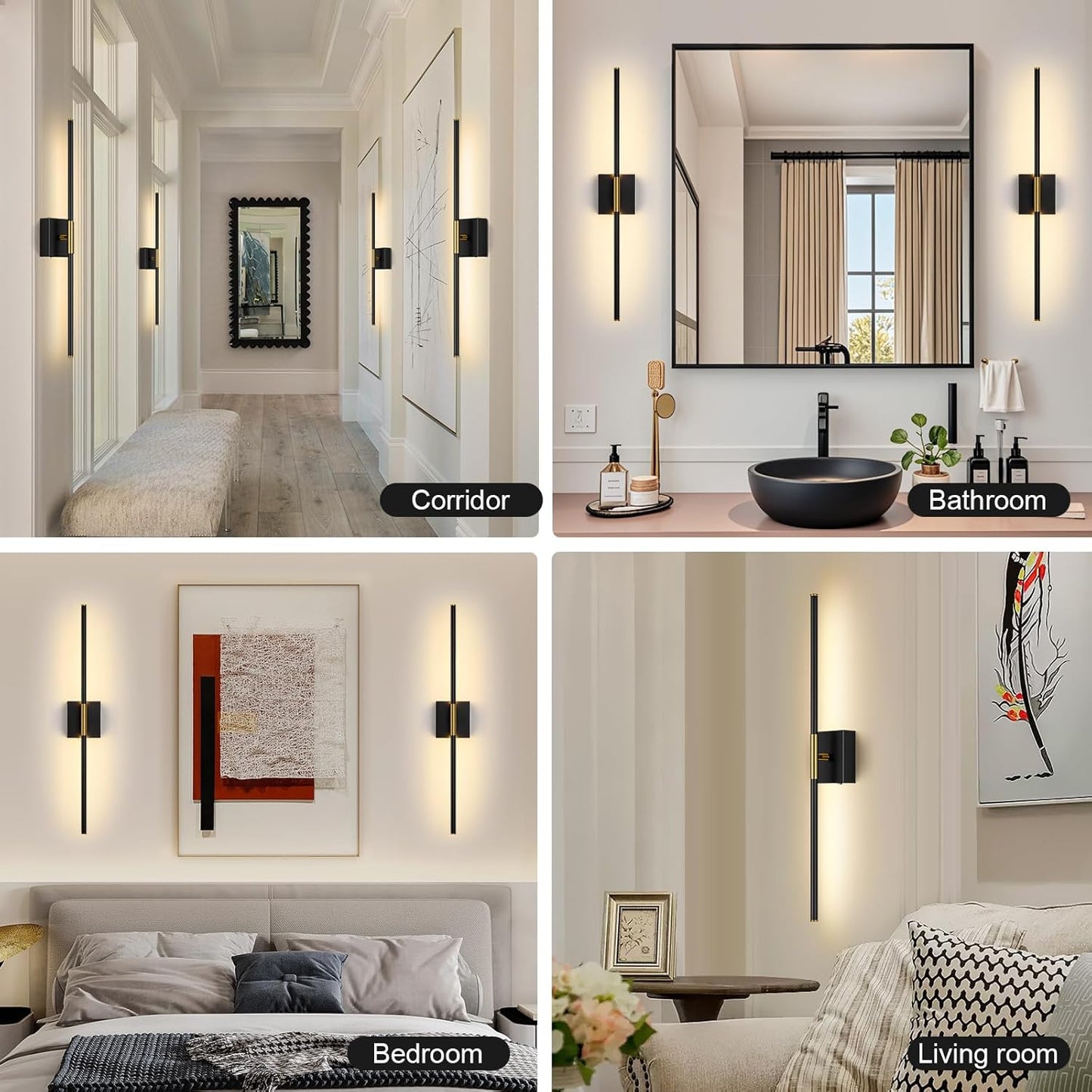 Battery Operated Wall Sconce Set of Two with Remote Control, 3000K-6000K Dimmable Black Wall Lights, Timable LED Wireless Wall Sconces, 350° Ratate for Bathroom, Living Room, Hallway 29.1 Inch