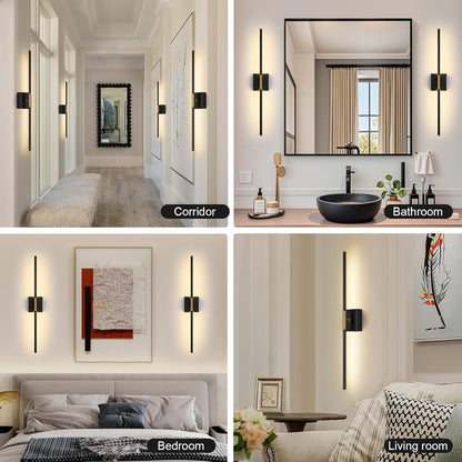Battery Operated Wall Sconce Set of Two with Remote Control, 3000K-6000K Dimmable Black Wall Lights, Timable LED Wireless Wall Sconces, 350° Ratate for Bathroom, Living Room, Hallway 29.1 Inch