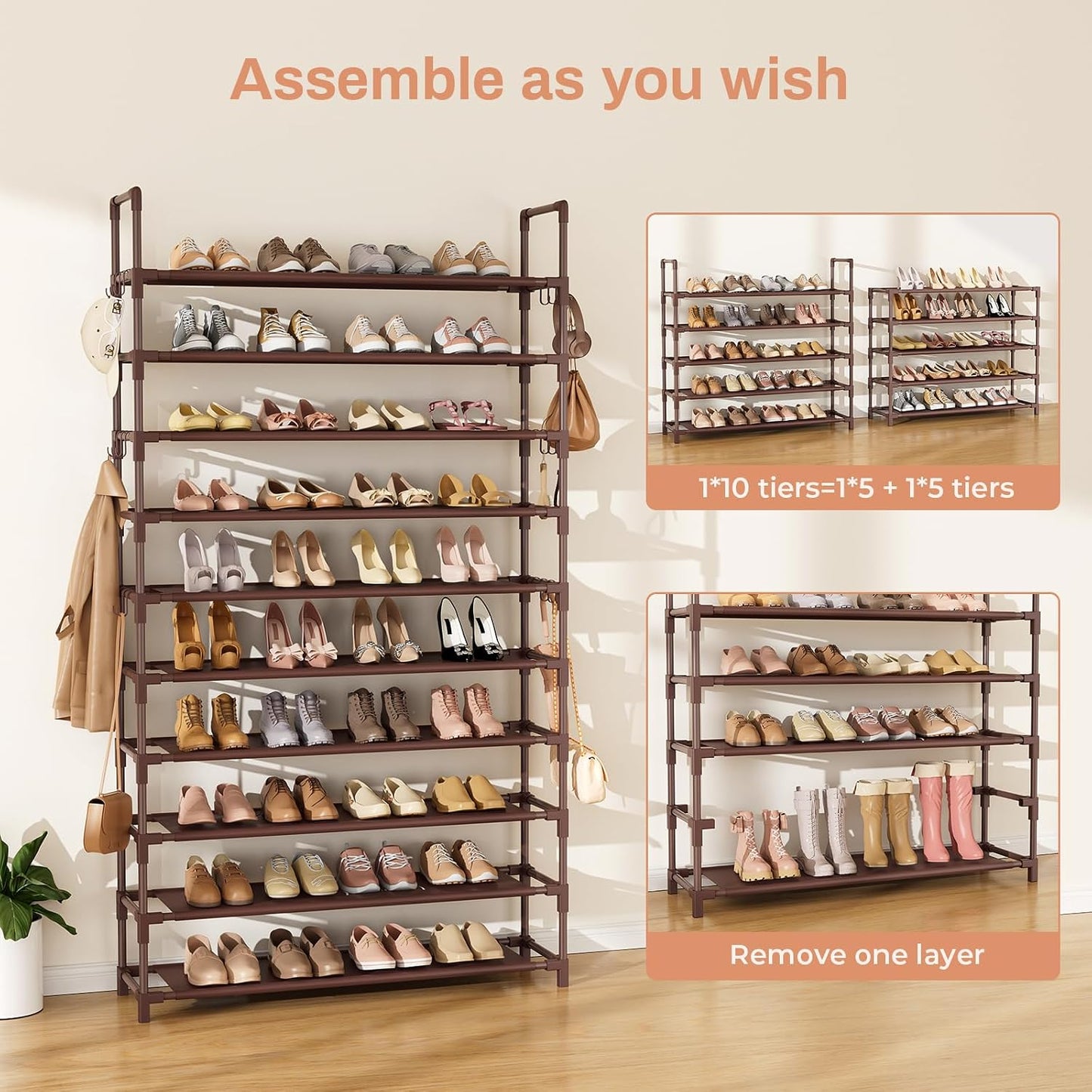 LANTEFUL 10 Tiers Tall Shoe Rack 20-25 Pairs Boots Organizer Storage Sturdy Narrow Shoe Shelf for Entryway, Closets with Hooks, Black