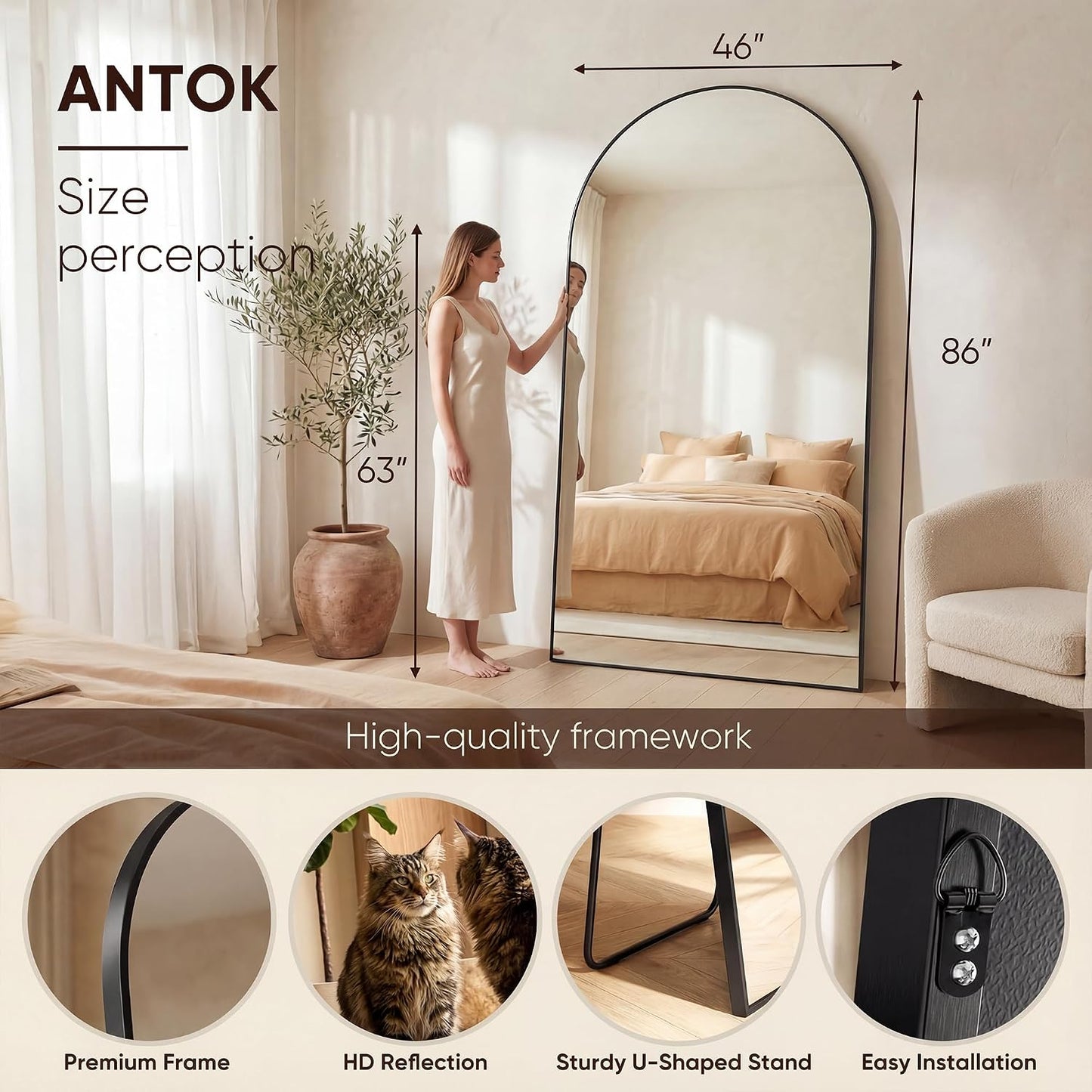 Antok 58" x19” Arched Full Length Floor Mirror, Gold Aluminum Frame, Free Standing/Wall Mount/Leaning for Bedroom, Living Room, Dressing Room
