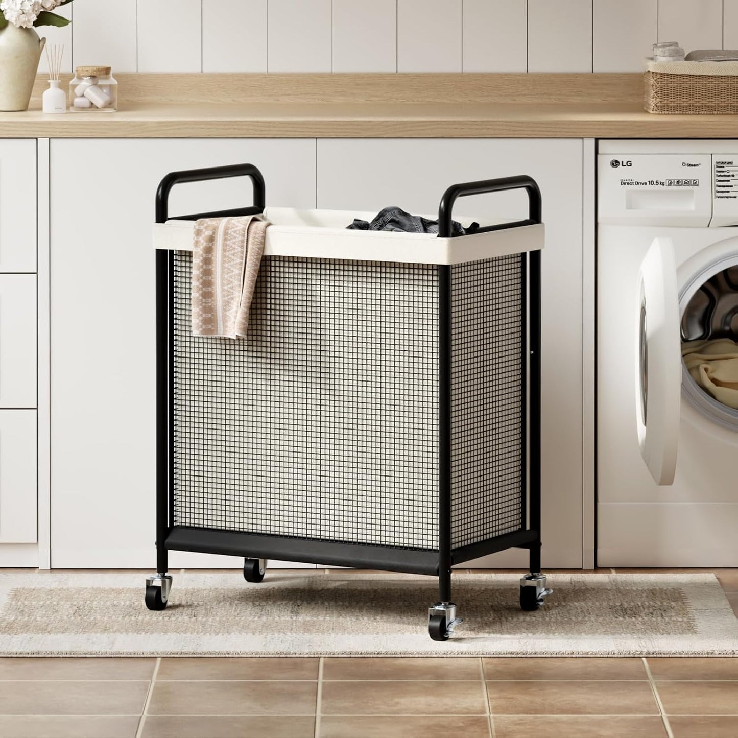 WOWLIVE Laundry Hamper 3 Section, 120L Rolling Laundry Basket with wheels and Removable Liner Bag, Laundry Sorter with Metal Handle, Large Clothes Hamper for Laundry Room, Bathroom and Dorm, Beige