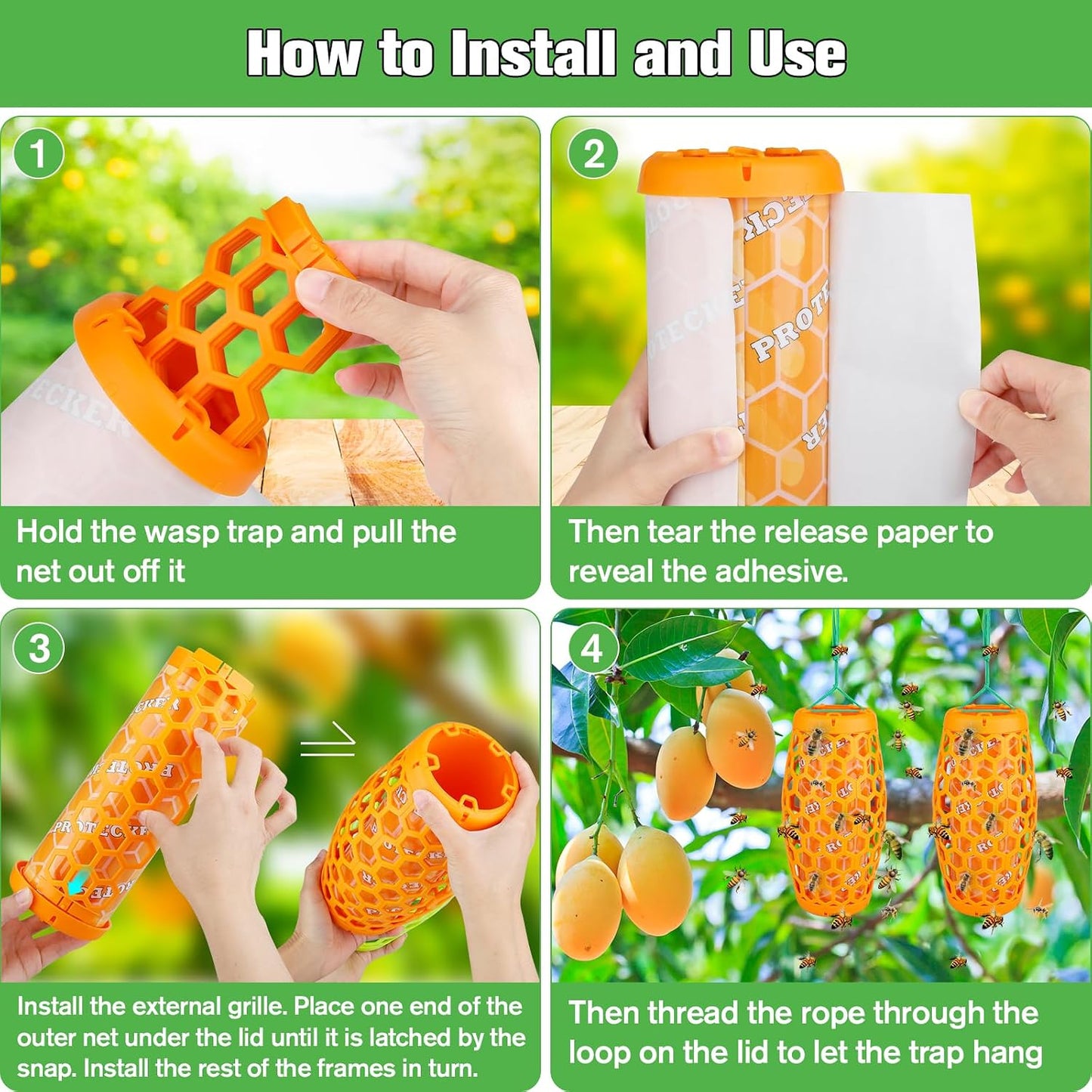 Wasp Trap & Sticky Pads Bundle – 2 Pack Hanging Wasp Trap with 12 Refill Glue Boards for Outdoor Use (Orange)