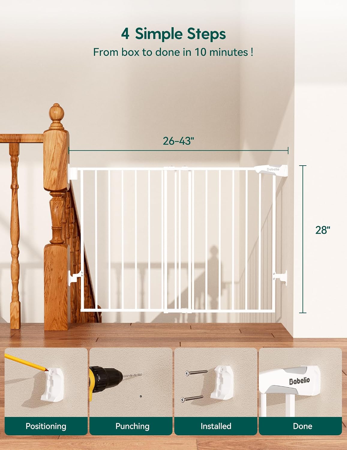 Babelio Baby Gate for Stairs, Kitchen & Doorways, No Bottom Bar| One-Handed Operation| Auto-Close| Hardware Mount (Drill Needed) Safety Dog/Pet Gate (Black - B17, 26-43" W, 28" H)