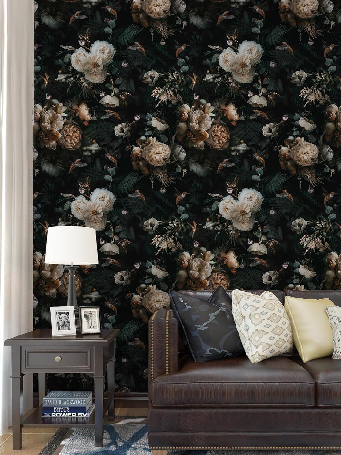 Floralplus Peel and Stick Wallpaper Removable Dark Floral Wallpaper 17.5 x 393 in Renter Friendly Wallpapers for Bedroom Accent Wall Black Floral Contact Paper Flower Wall Mural