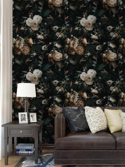 Floralplus Peel and Stick Wallpaper Removable Dark Floral Wallpaper 17.5 x 393 in Renter Friendly Wallpapers for Bedroom Accent Wall Black Floral Contact Paper Flower Wall Mural