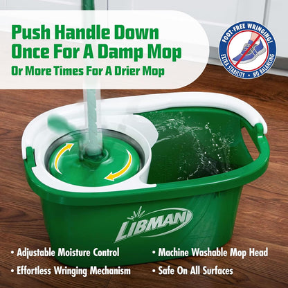 Libman Tornado Spin Mop System and 1 Refill, Mop and Bucket with Wringer Set for Hardwood Floor Cleaning, 2 Total Heads Included