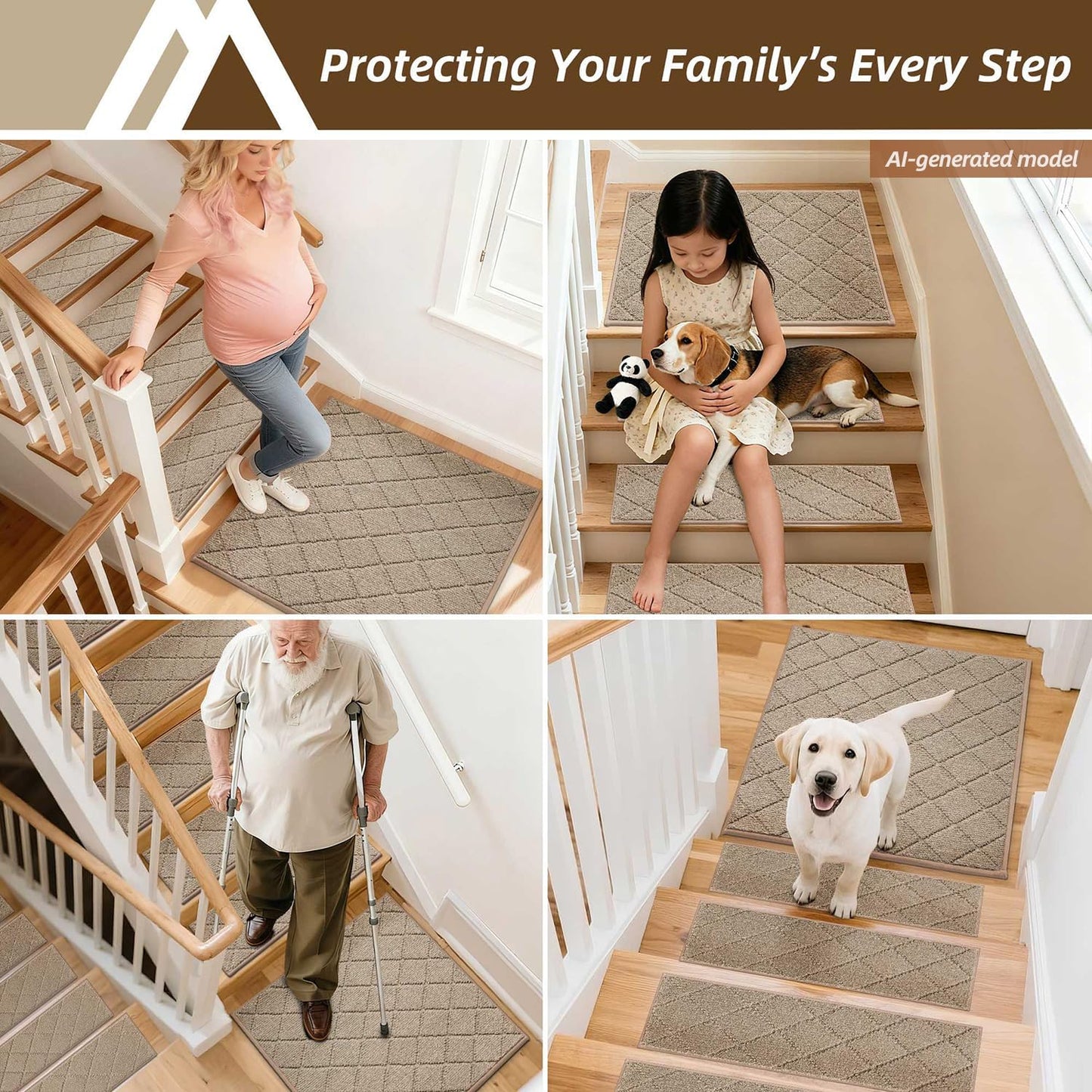 COSY HOMEER Edging Stair Treads Non-Slip Carpet Mat 28inX9in Indoor Stair Runners for Wooden Steps, Edging Stair Rugs for Kids and Dogs, 100% Polyester TPE Backing(4pc, Beige)
