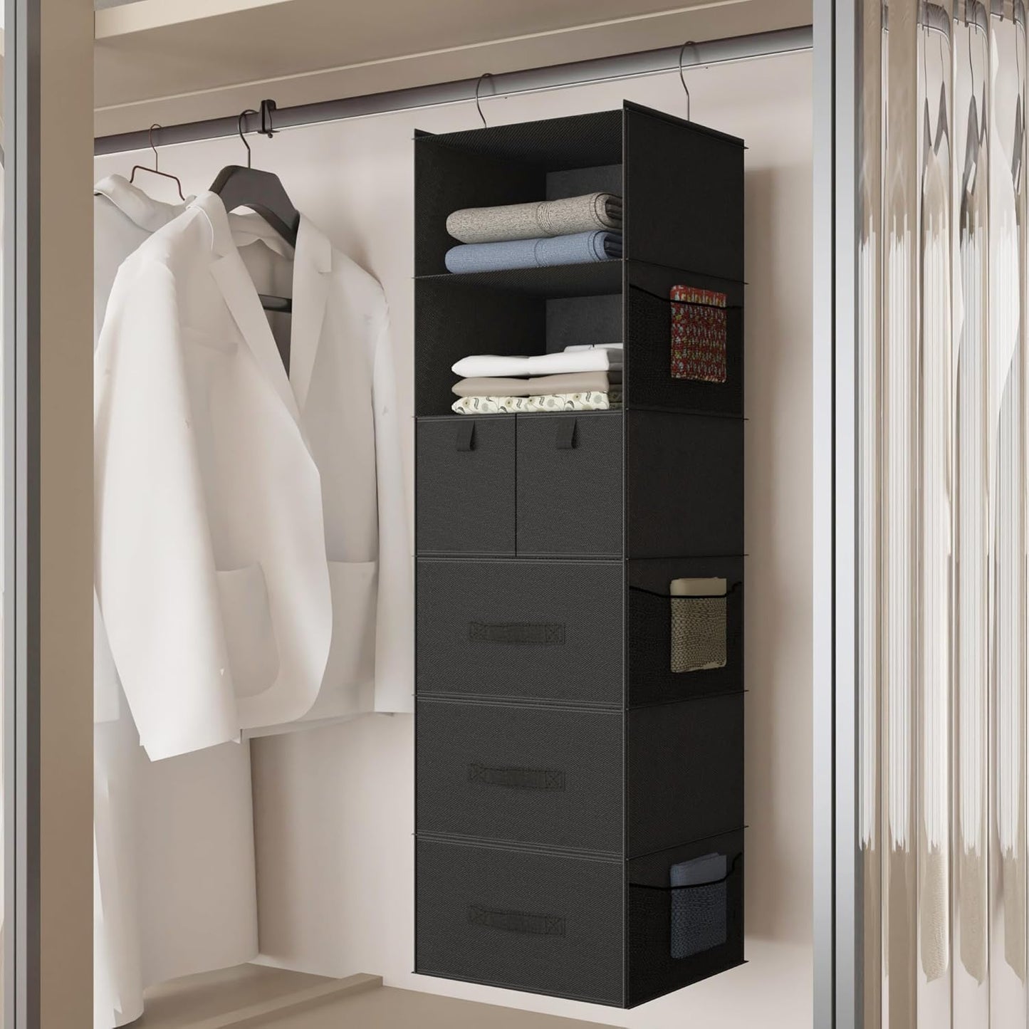 6-Shelf Hanging Closet Organizer with 5 Drawers, Non-Woven Storage, Black | Spacious compartments sort clothes & undergarments; foldable drawers add hidden storage for closets, wardrobes or RVs.