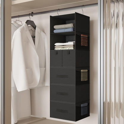 6-Shelf Hanging Closet Organizer with 5 Drawers, Non-Woven Storage, Black | Spacious compartments sort clothes & undergarments; foldable drawers add hidden storage for closets, wardrobes or RVs.